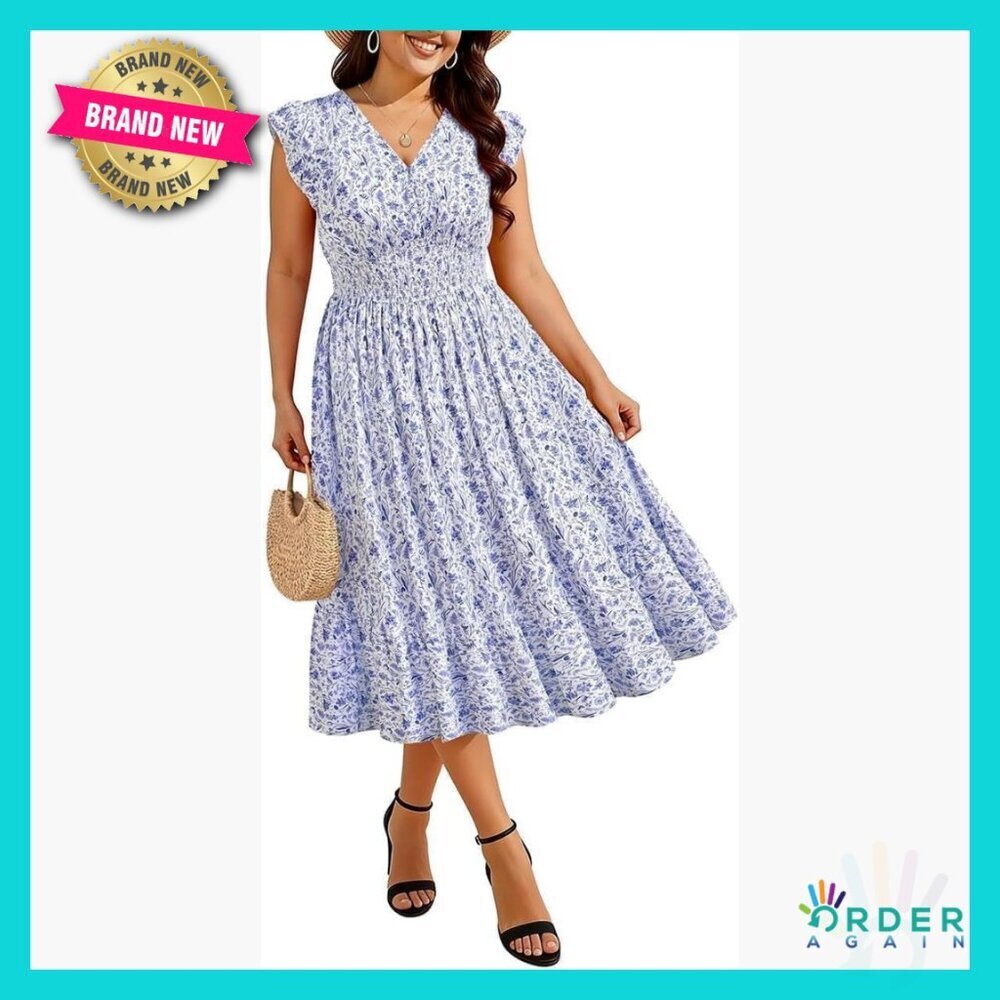Boho Floral Midi Dress V-Neck Ruffle Sleeve Smocked Waist Pockets Summer
